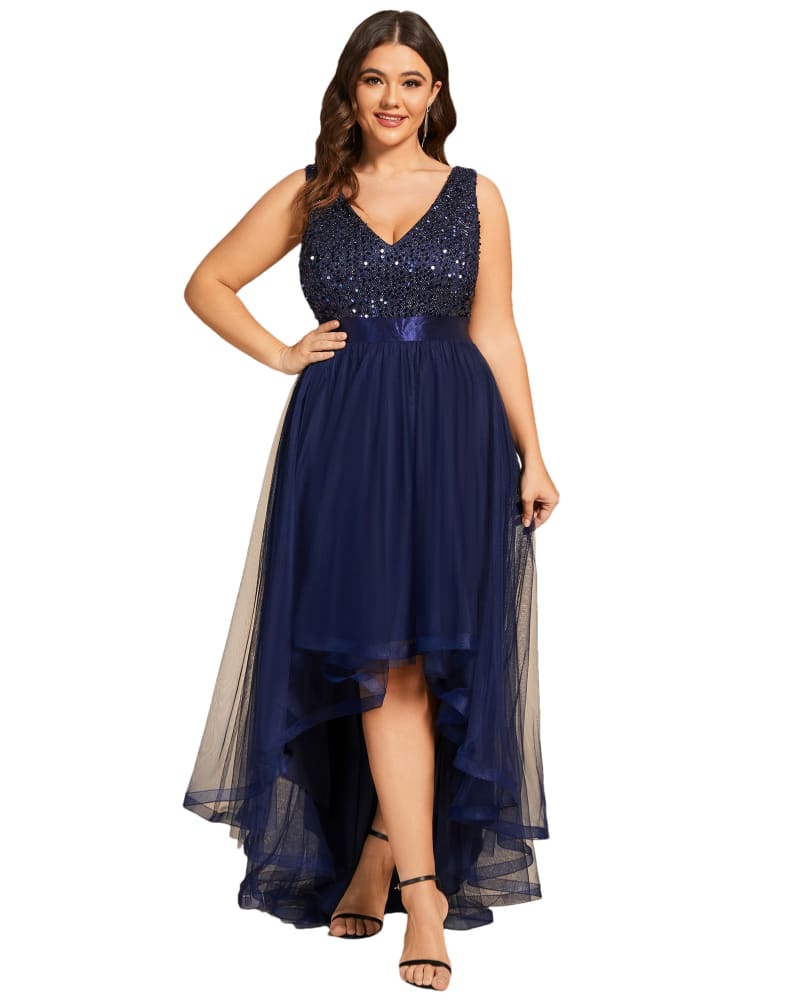 Front of a model wearing a size 10 Sleeveless Sequin Ribbon Waist Tulle High Low Evening Dress in Navy Blue by Ever-Pretty. | dia_product_style_image_id:324558